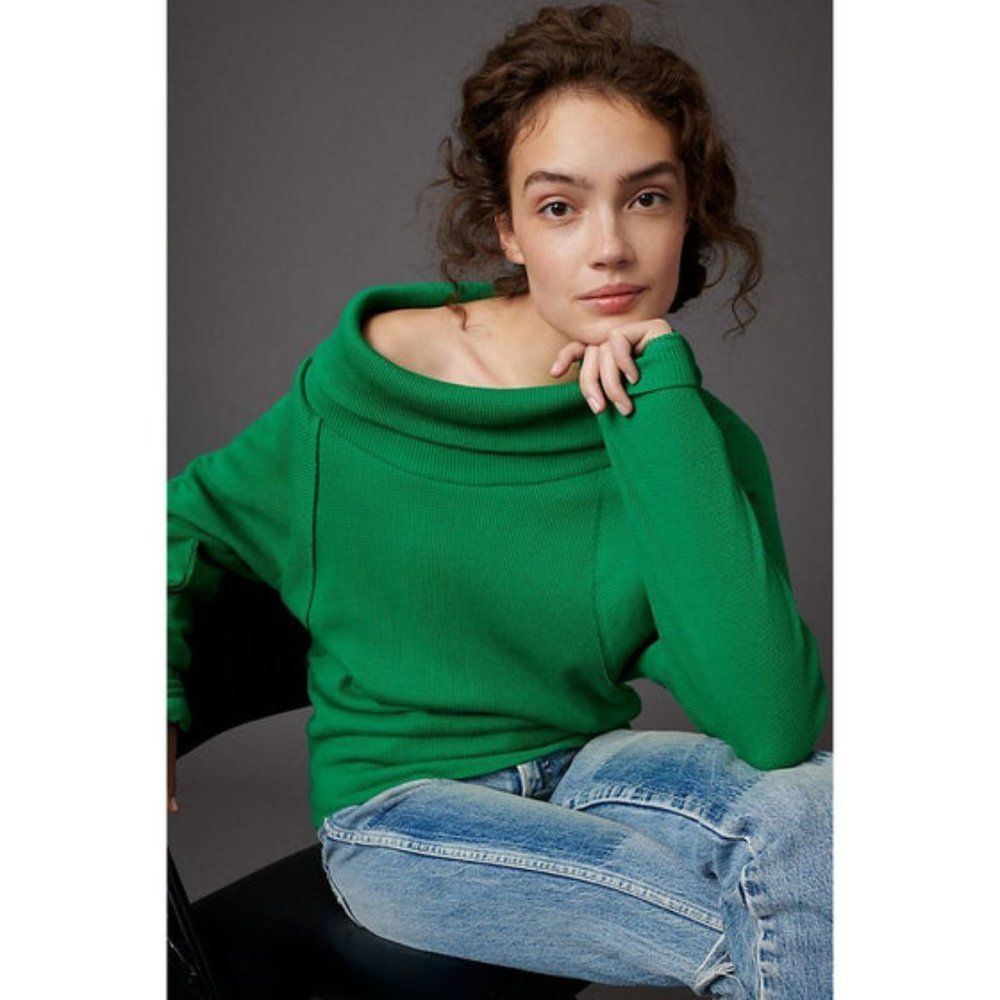 Anthropologie Green Off-Shoulder Ribbed Long-Sleeve Top